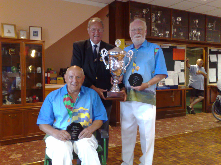 Mike Diston & Richard Brown winners of the Wedmore Pairs with BWBA President Terry Fitzgerald